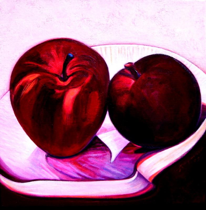 Schelp met Braeburns, 2009, Acryl op linnen, 40 x 40 cm